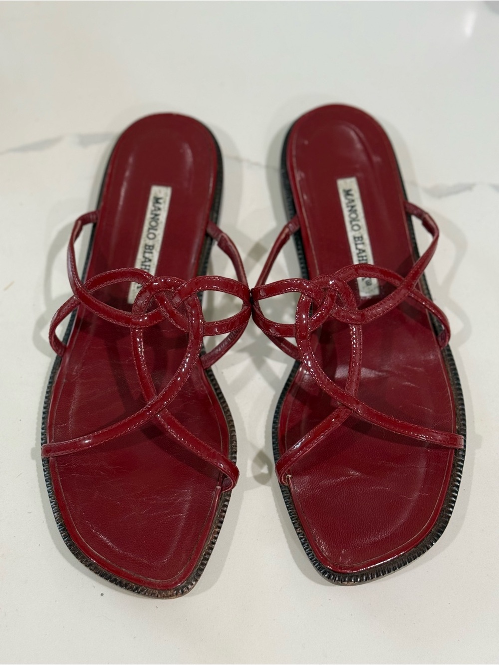 Manolo Blahnik Red Knotted Strappy Leather Sandals